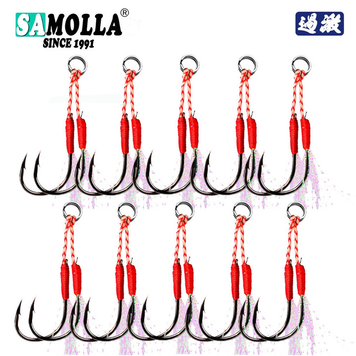 10pair/lot Fishing Hook Jig Double PairHooks Barbed Thread Feather Accessories Pesca High Carbon Steel Fishing Lure Slow Jigging