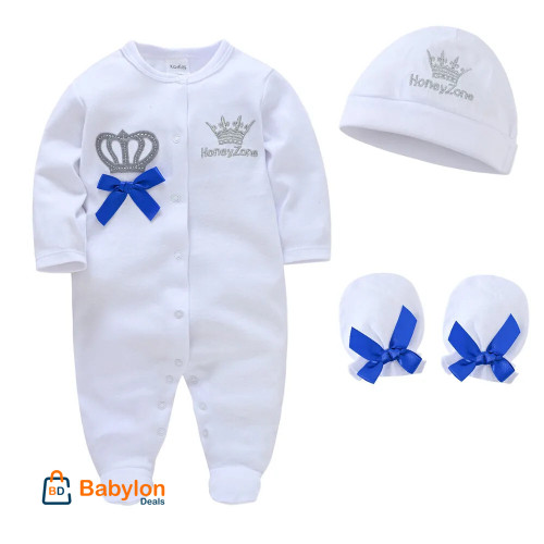 Newborn Baby Boys Romper Royal Crown Prince 100% Cotton Clothing Set with Cap Gloves Infant Girl One-Pieces Footies Sleepsuits