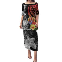 Island Wear French Polynesia Bastille Day Family Matching Puletasi and Hawaiian Shirt Tropical Turtle Hibiscus Polynesian Pattern Polynesian Alina Basics