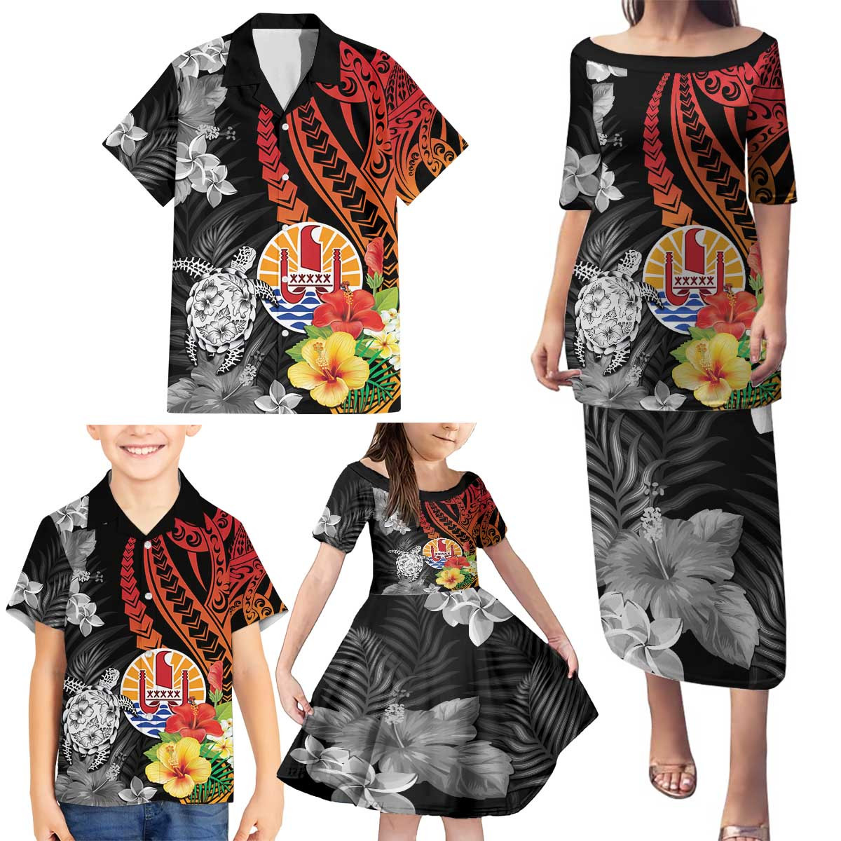 Island Wear French Polynesia Bastille Day Family Matching Puletasi and Hawaiian Shirt Tropical Turtle Hibiscus Polynesian Pattern Polynesian Alina Basics