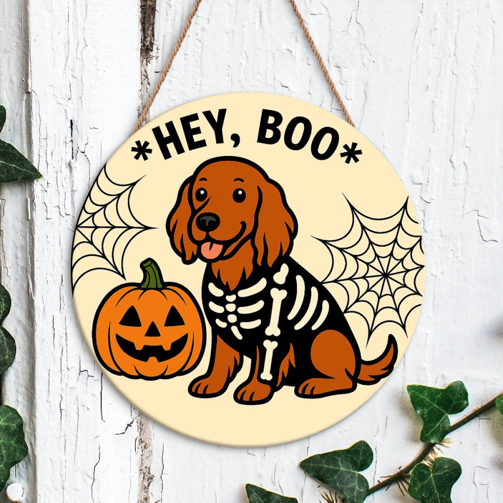 Hey Boo Skeleton Halloween Door Hanger ! Hey Boo Irish Setter Skeleton Sign ! Cute Dog ...