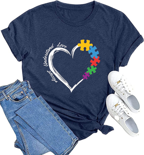 Autism Teacher Shirt Women's Autism Awareness Tshirt Accept Understand Love Tee Puzzle Piece Graphic Short Sleeve Top