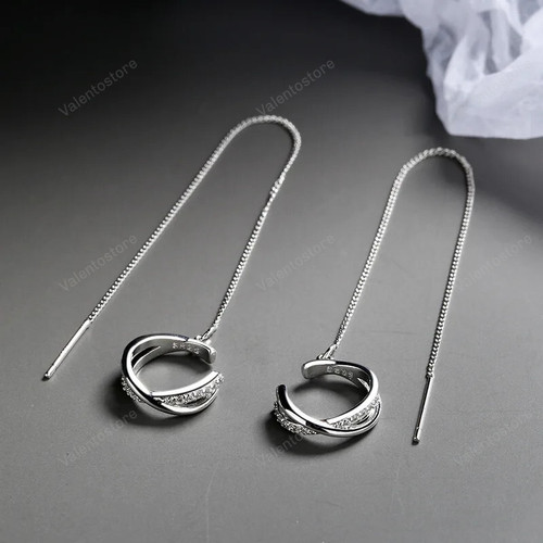 OIMG Silver Plated Earrings Long Tassel Ear Line For Female Simple Personality Ear Clips Shiny Jewelry Gift 925 Stamp
