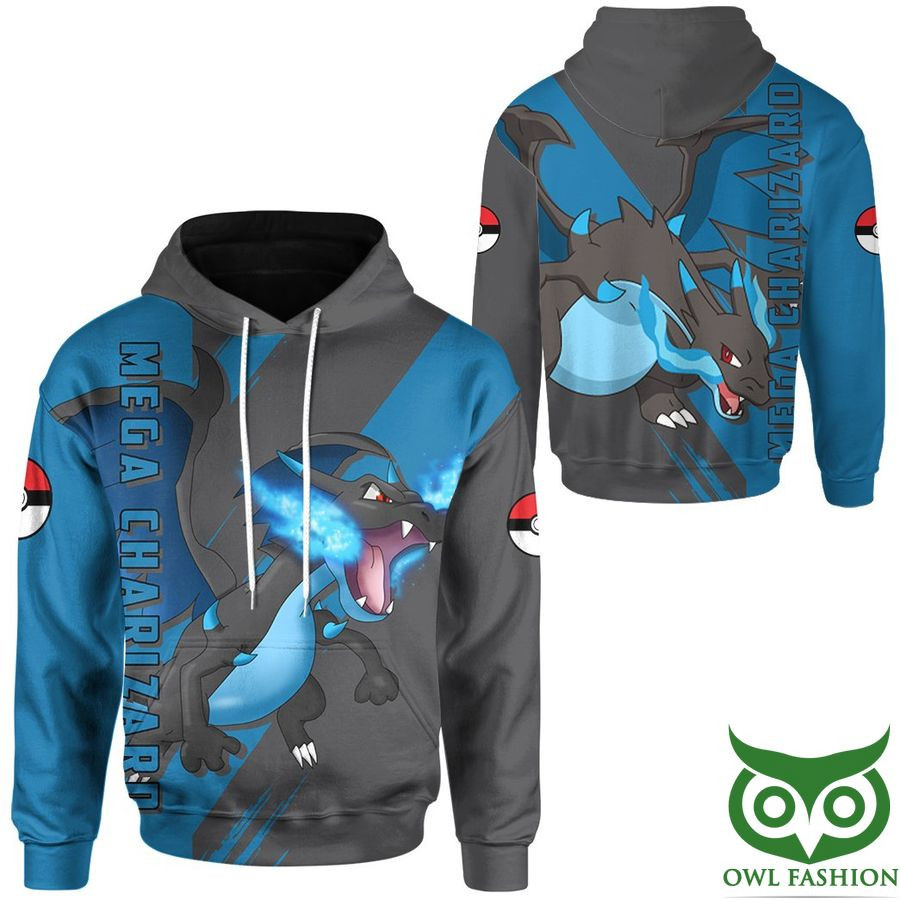 Anime Pokemon Mega Charizard Printed 3D Hoodie Blue Black - Fragrany