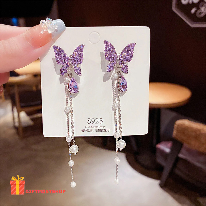 2pcs Eid al Adha - Elegant Moment Rhinestone Butterfly Long Pearl Tassel Earrings