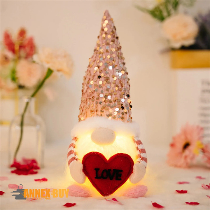 Glowing Knitted Gnome Doll Holding Flowers And Love Knitted Luminous Doll Valentine's Day
