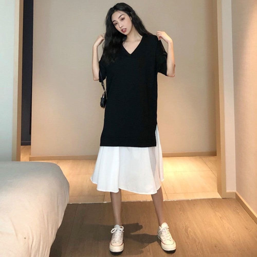 2021 Summer Japanese Korean Version Fashion Women's Dress Loose Casual Simple Color Contrast Splicing Round Neck Summer