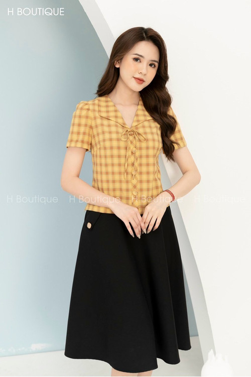 Yellow Plaid Shirt And Long Skirt Women Set