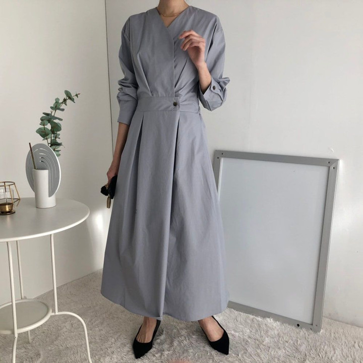 2021 Fashion Retro Autumn New Dress Solid Color V-neck Long Sleeve High Waist Japanese Style Casual Long Dress Women's