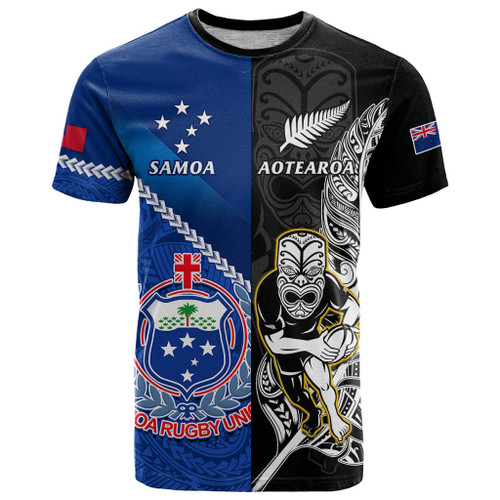 New Zealand And Samoa Rugby T Shirt All Black Tiki Fern Mix Manu Samoa 2023 World Cup