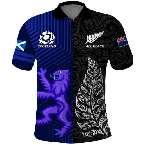 Personalised New Zealand and Scotland Rugby Polo Shirt All Black Maori With Thistle Together
