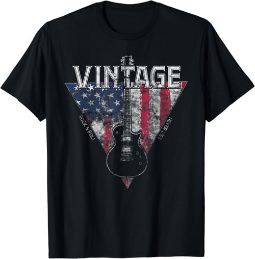 American Flag Guitar Guitarist Gift Vintage Rock And Roll T-Shirt