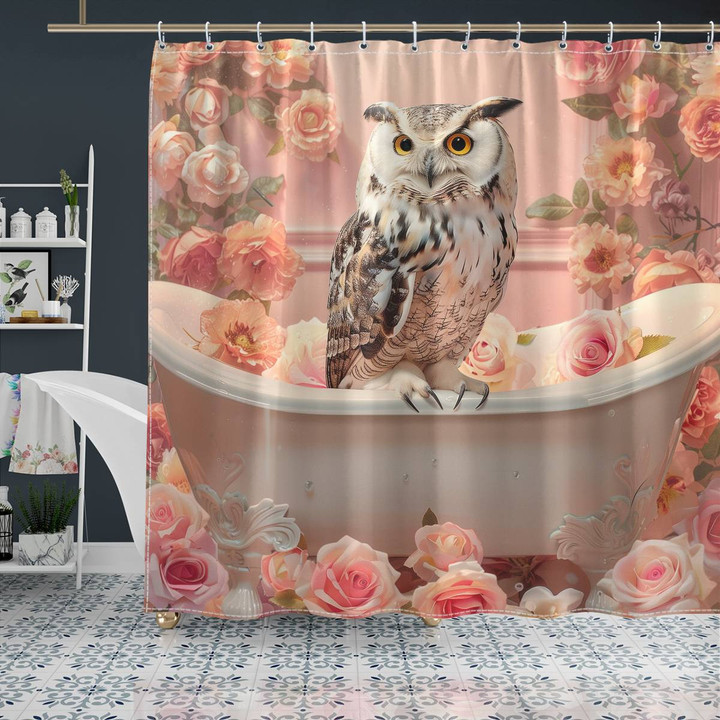 Owl Rose-Colored Shower Curtain