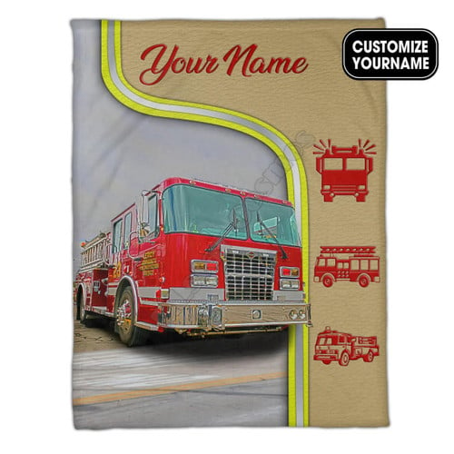 (Customized Name) Firefighter Fire Truck Flannel Blanket Full Overprinted Blanket