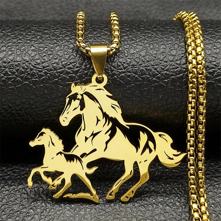 Big Horse With Pony Pendant Necklace for Women Men Stainless Steel