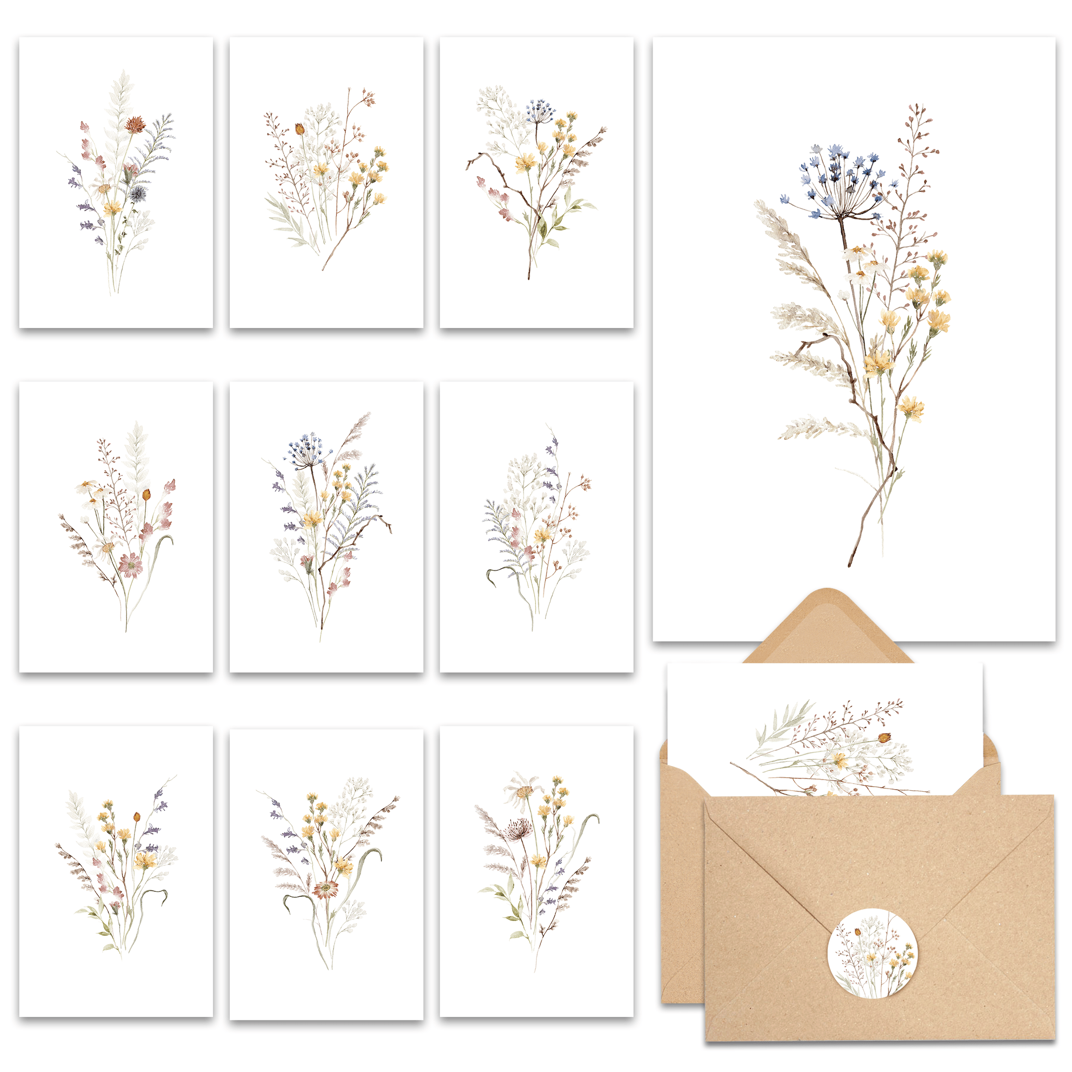 20 Pack Blank Cards and Envelopes 4x6 - Watercolor Wildflowers Blank G ...