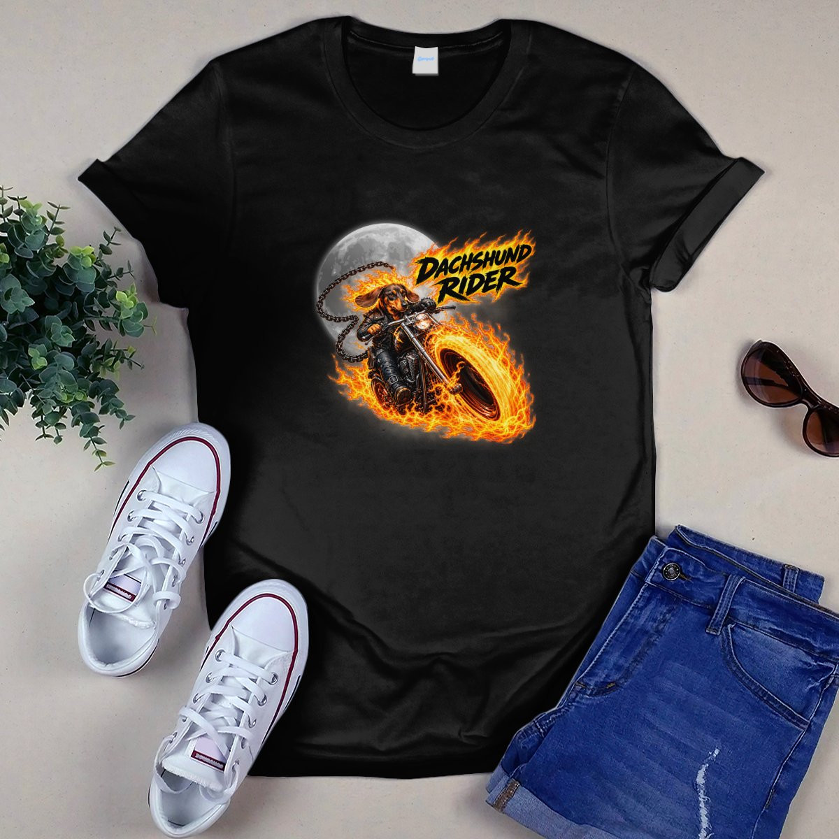 Dachshund Rider T-Shirt in Black with flaming biker Dachshund graphic