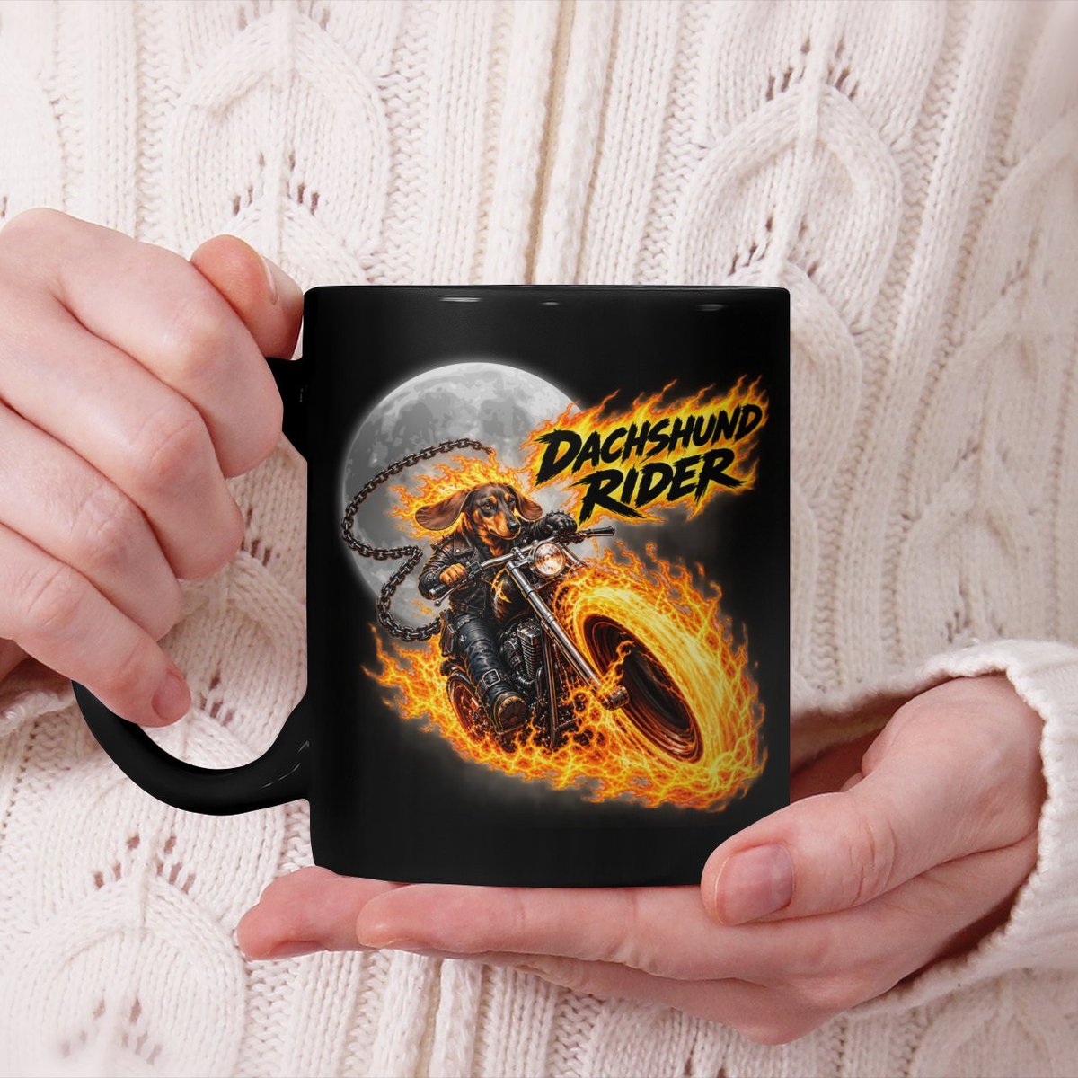 Dachshund Rider Mug in Black with flaming biker Dachshund design
