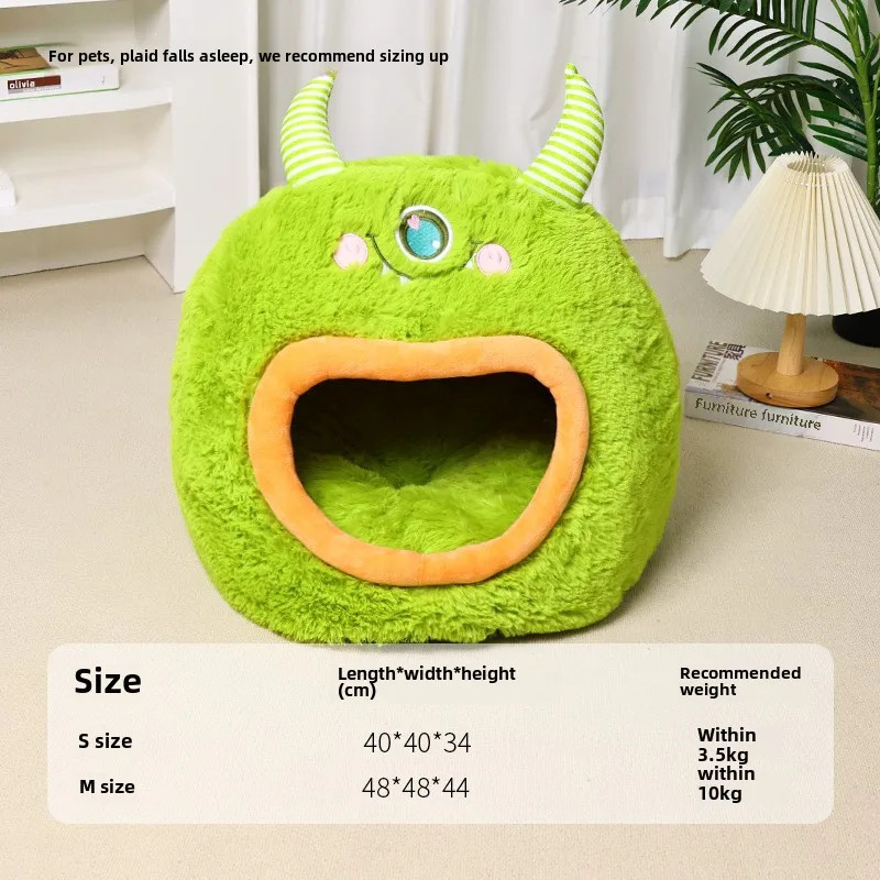 Small dog sleeping inside enclosed monster bed — fully enclosed cartoon cave bed