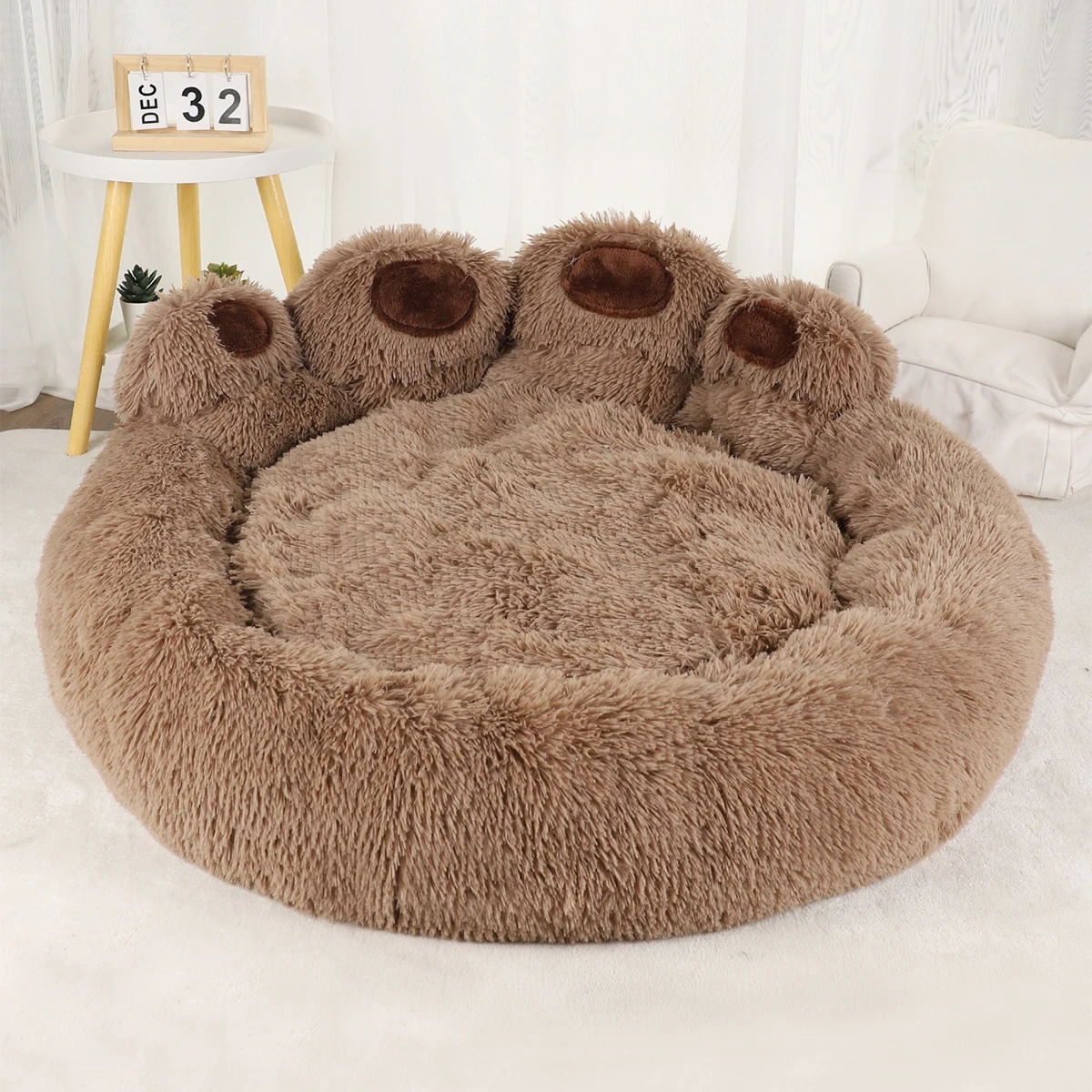 Large dog lying in fluffy plush donut bed grey 90cm lifestyle photo