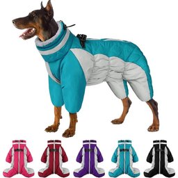 Dog wearing blue waterproof dog snowsuit with full-body winter coverage and five color options