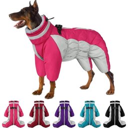Dog wearing pink waterproof dog snowsuit with full-body winter coverage and five color options