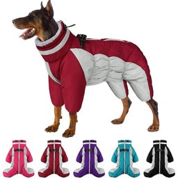 Dog wearing red waterproof dog snowsuit side view with full-body coverage and five color option