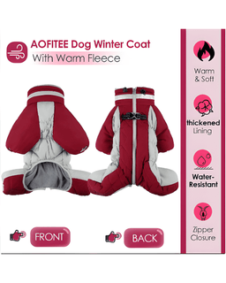 Red waterproof dog winter coat with warm fleece front and back view