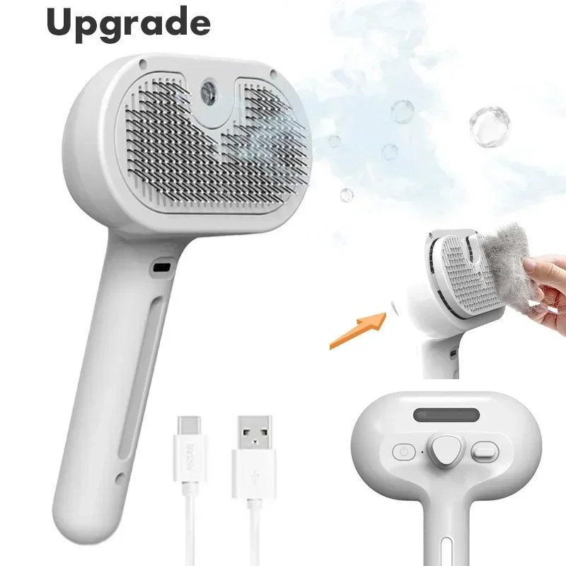 Hand holding the ergonomic steamy brush while grooming a dog, showing the compact USB-rechargeable design.
