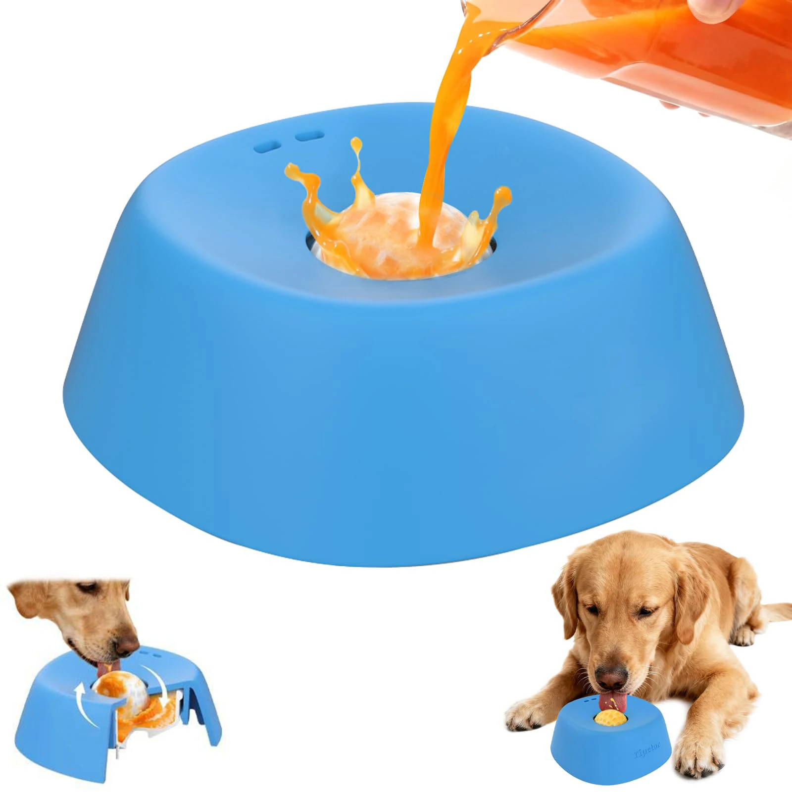 Close-up of non-slip base on anti-spill dog lick bowl — stable wide bottom prevents tipping