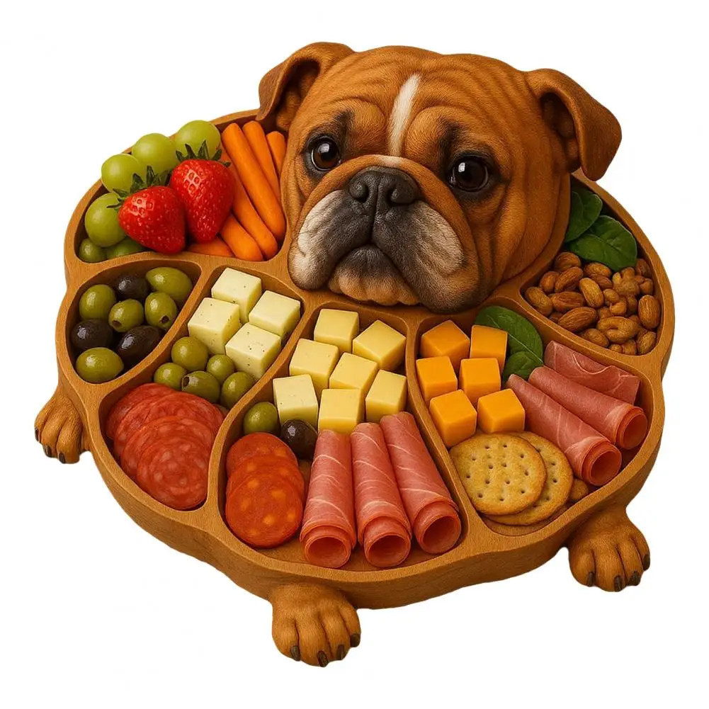 Top view of dog-shaped charcuterie tray with divided compartments holding assorted snacks