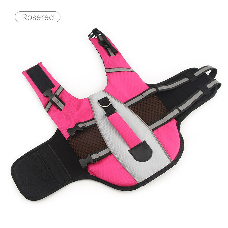 Dog life vest rescue handle close-up — strong top grab handle for lifting dog out of water quickly