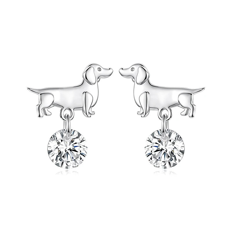 Close-up detail: Dachshund earring zircon stone white gold charm close-up - Wigglelove