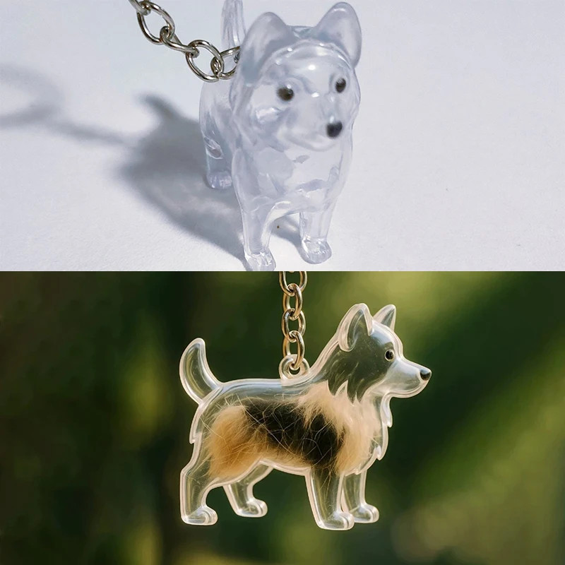 Dog fur memorial capsule keychain open showing pet hair inside, clear keepsake container — Wigglelove