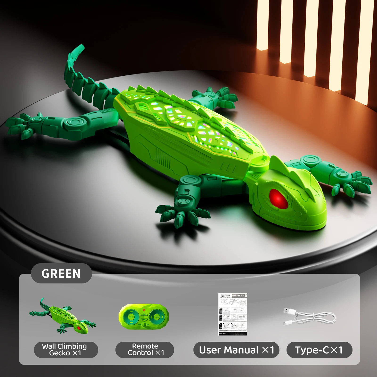 Remote control wall-climbing gecko toy defying gravity on a glass window
