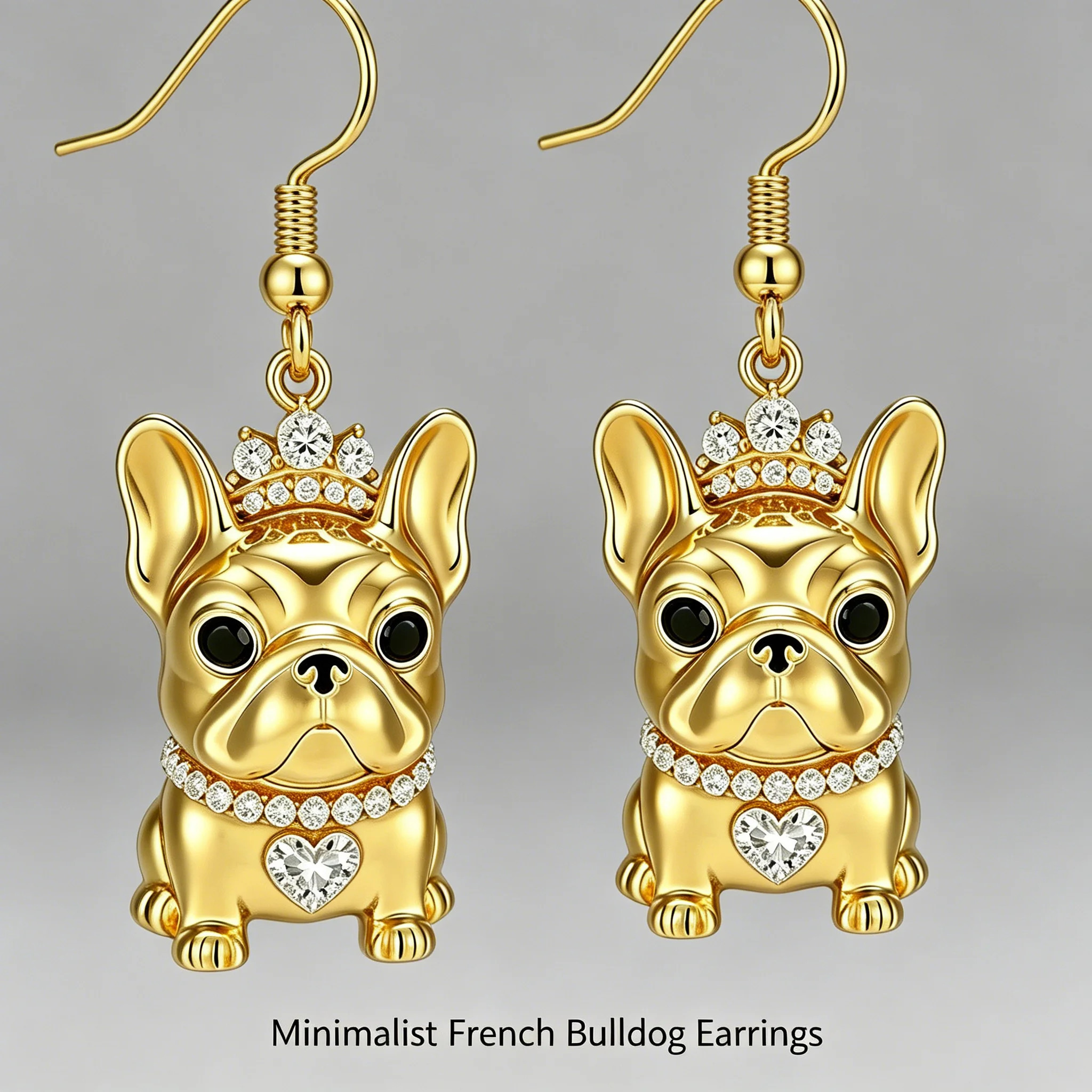 Shimmering French Bulldog earrings with crystal crown and heart dangle