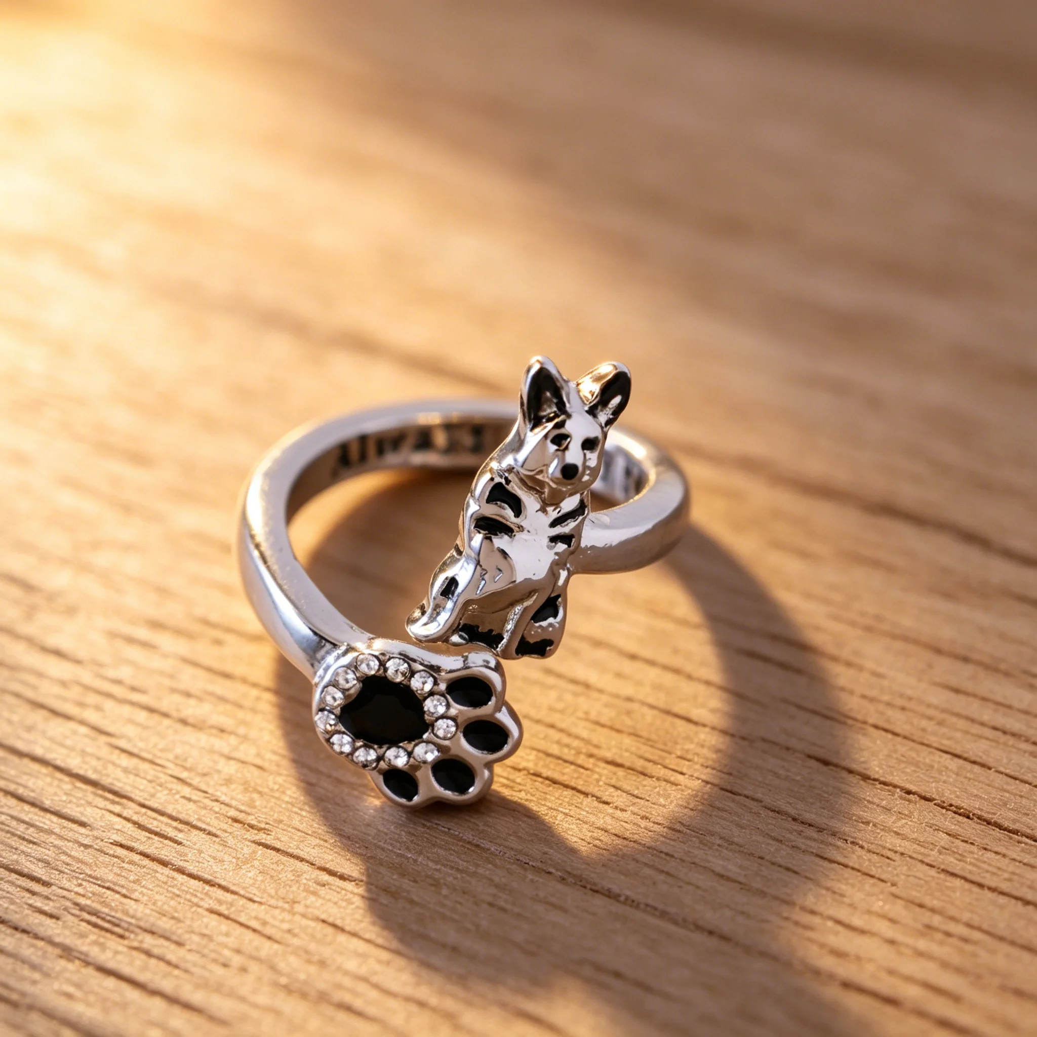 Adjustable style German Shepherd ring with clear faux rhinestones
