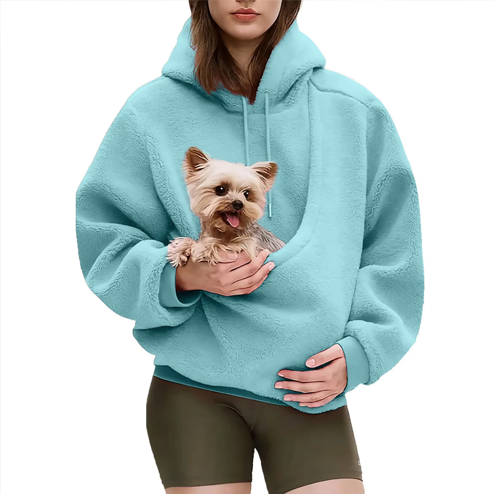 Woman carrying a small white dog in a kangaroo pouch sweatshirt hands-free - Wigglelove