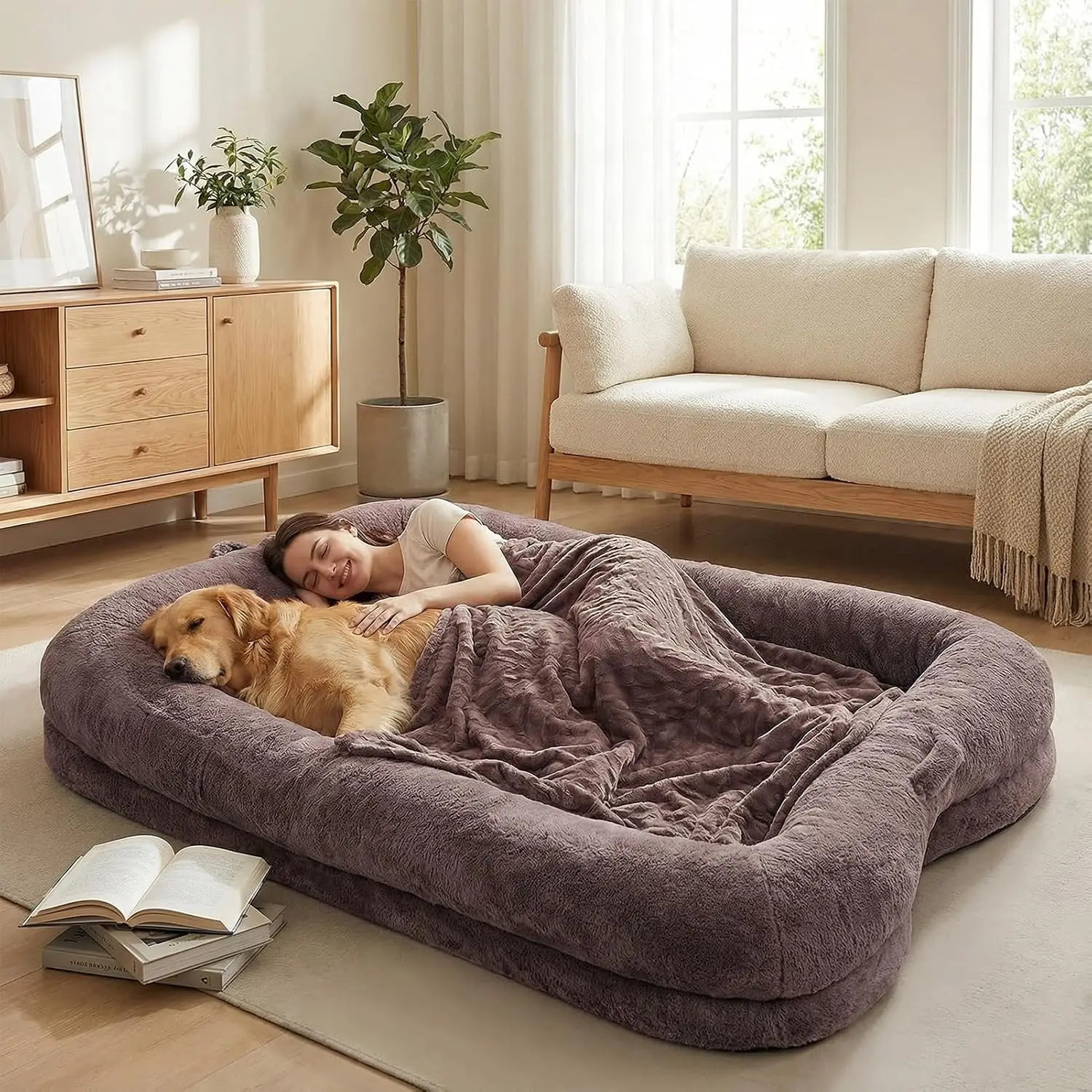 Human dog bed cream color – storage pocket blanket included large dog Golden Retriever