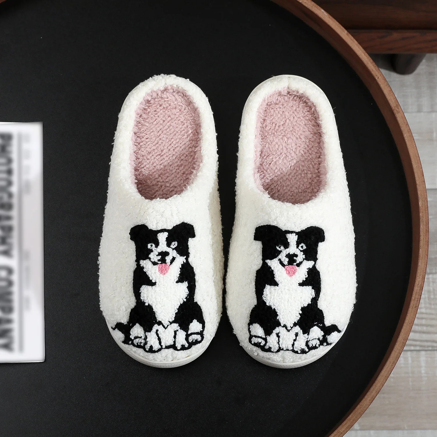 Black and white Border Collie embroidered plush slippers for women