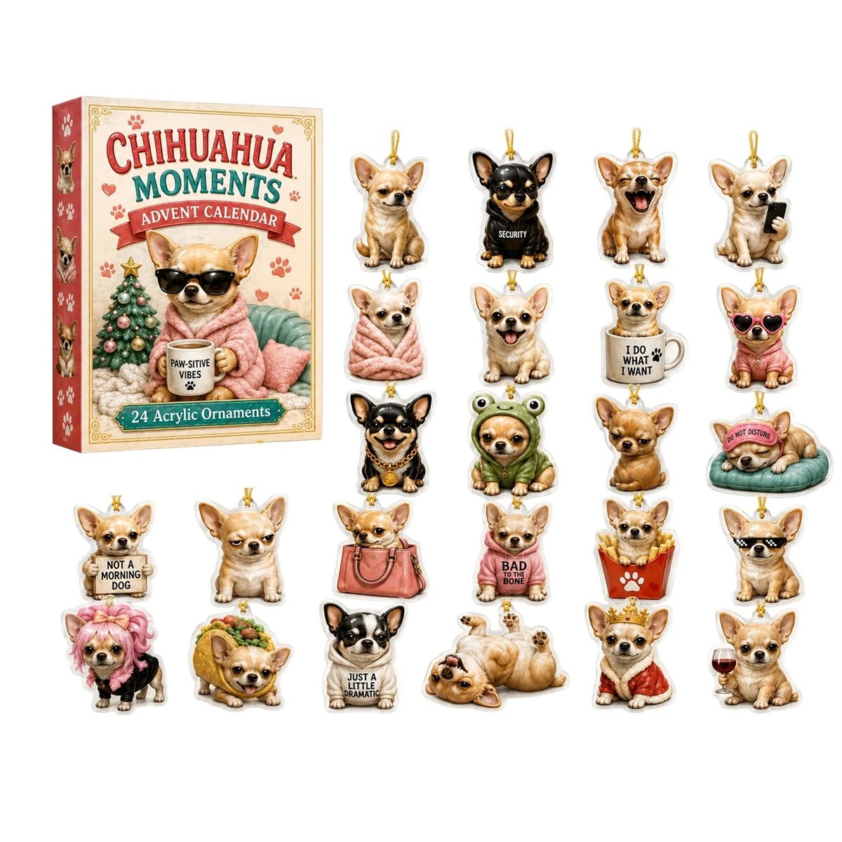 Chihuahua Moments Advent Calendar box with 24 funny acrylic Chihuahua Christmas ornaments