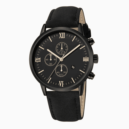 TimeMaster - Sporty Round Black Quartz Watch for Men with Roman Numerals and Date
