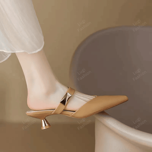 W-501 Women Kitten Heels Mules Golden Rivet Pointed Toe Summer Sandals Fashion Beige Ladies Casual Med Heels Shoes