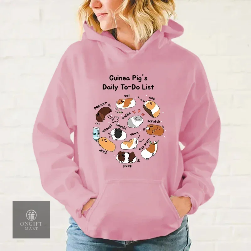 Add humor to your wardrobe with this Funny Guinea Pig Daily To-Do List Hoodie! Featuring a cute animal print, this cozy casual pullover is perfect for women, men, and guinea pig lovers. A fun gift for any occasion!