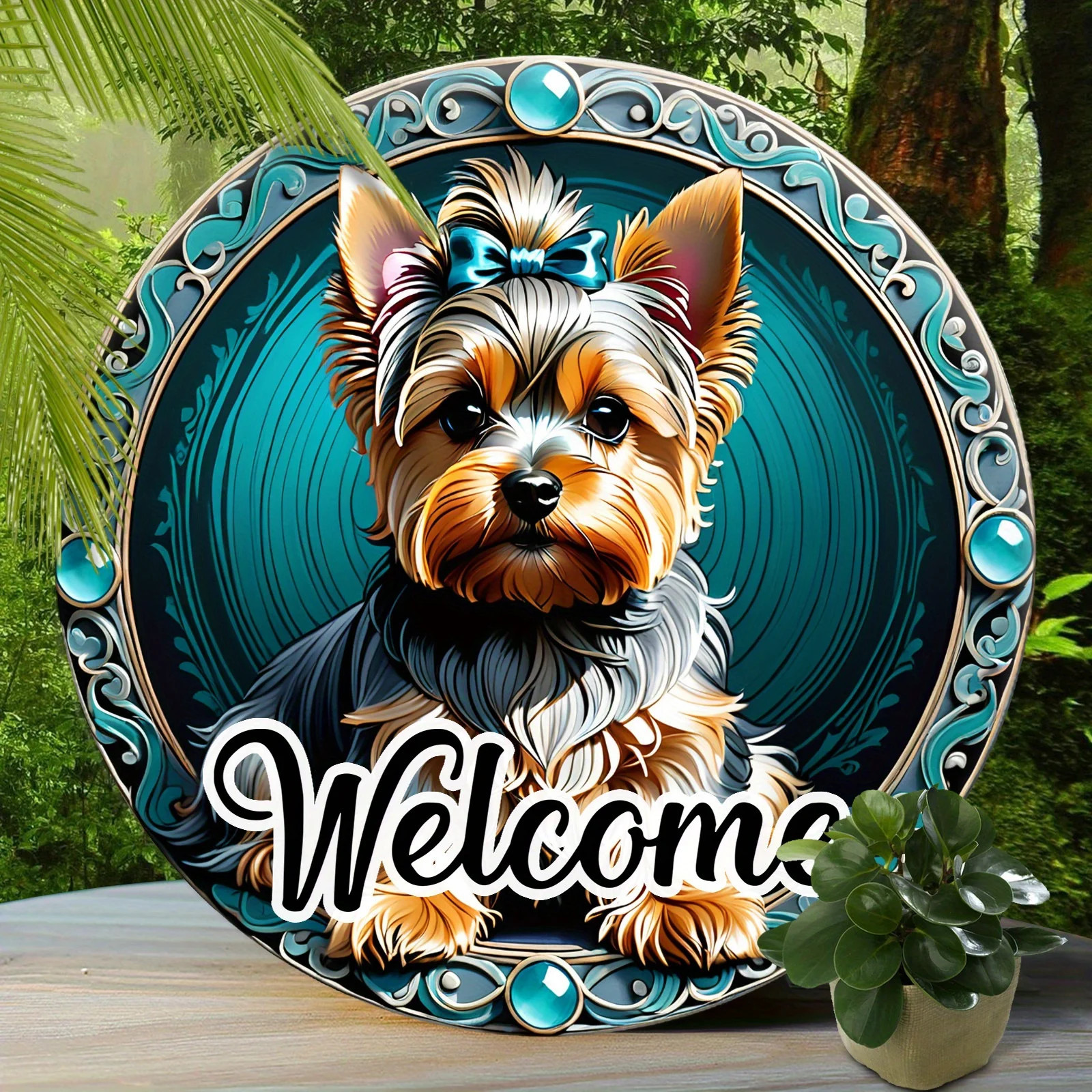 Yorkie Round Wreath Metal Sign - fantasy shopping club