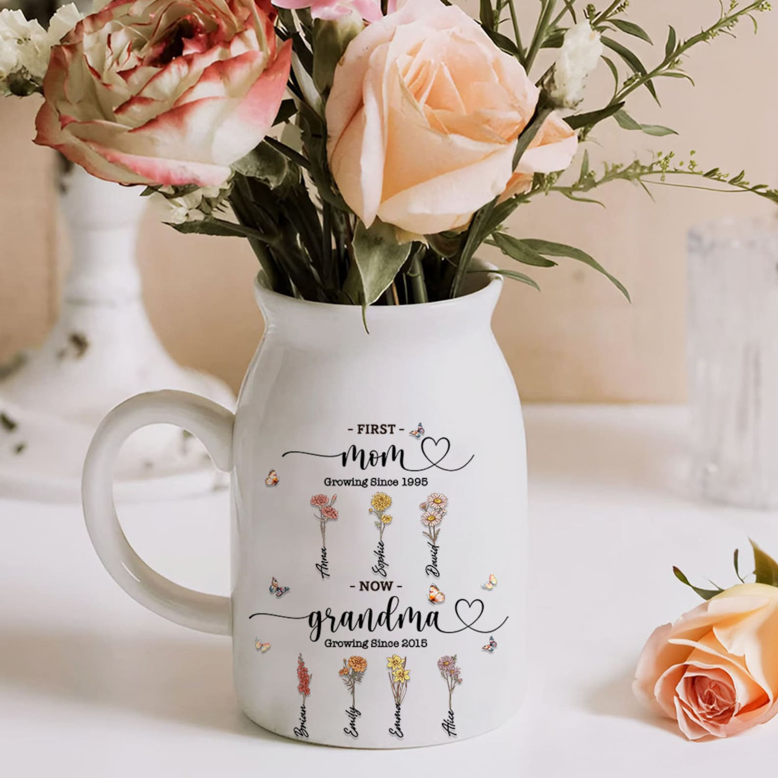 First Mom Now Grandma Custom Birth Month Flower Vase, Personalized Gra ...