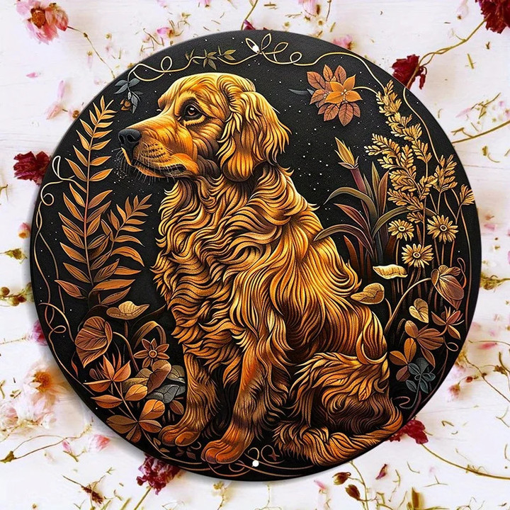 Golden Retriever Silhouette Dog Metal Sign, Round Aluminum Wall Decor with HD Printing, Weather Resistant, 8x8 Inch
