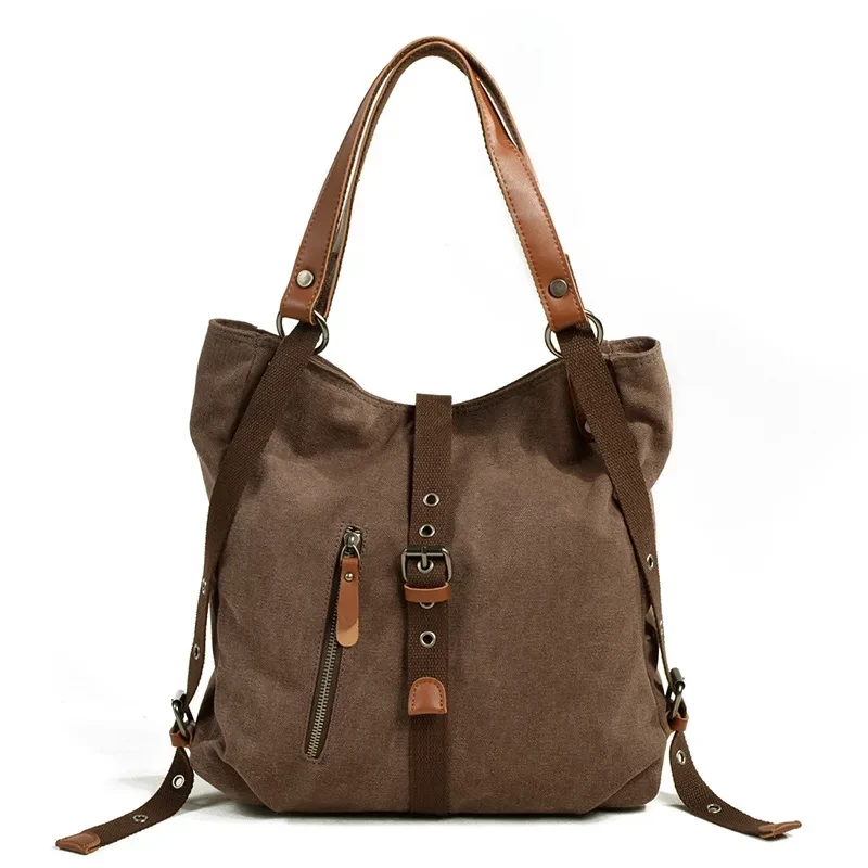 Women's Waxed Canvas Tote Shoulder Bag With Leather Handles