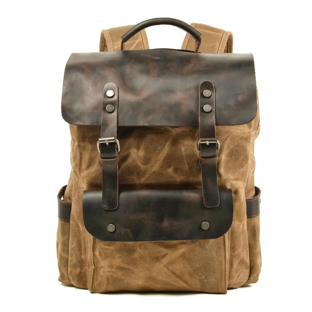 Waxed Canvas & Leather Backpack Green Brown Grey
