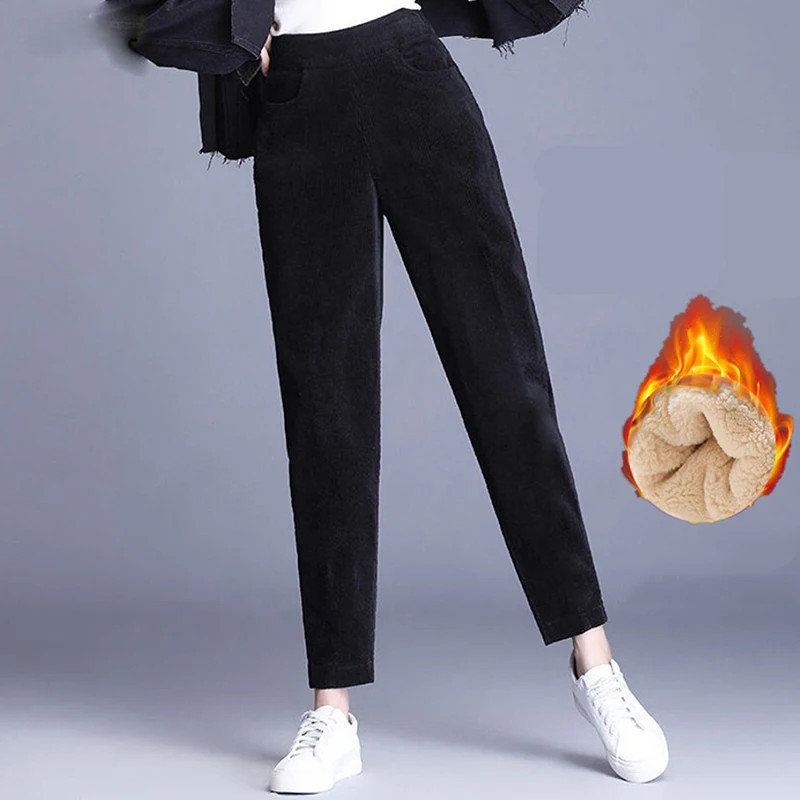 High Waist Fleece Lined Corduroy Pants